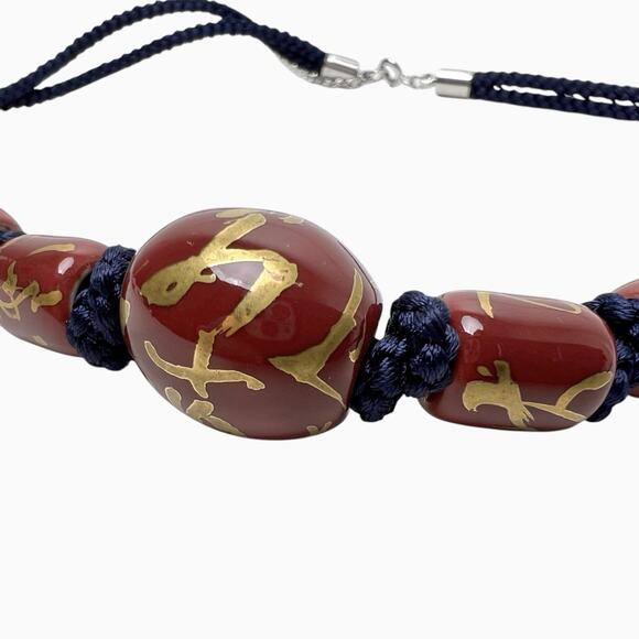 Necklace Ceramic Beads Hand Knotted Purple Gold Accents Braided Double Cord Navy - Picture 4 of 13
